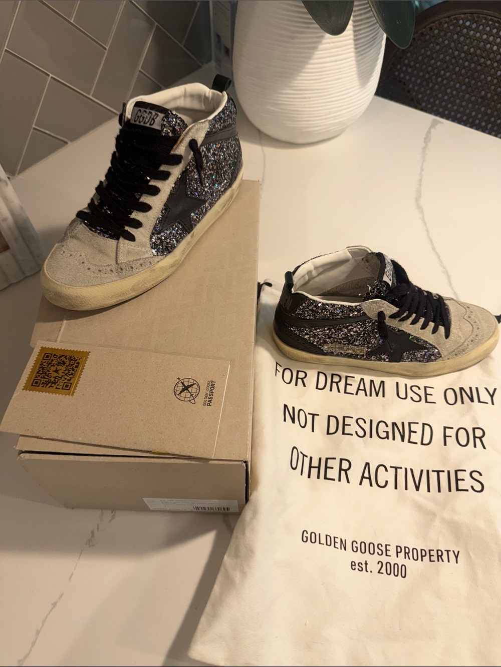 Golden Goose Glitter High-Top Sneakers in Silver and Black